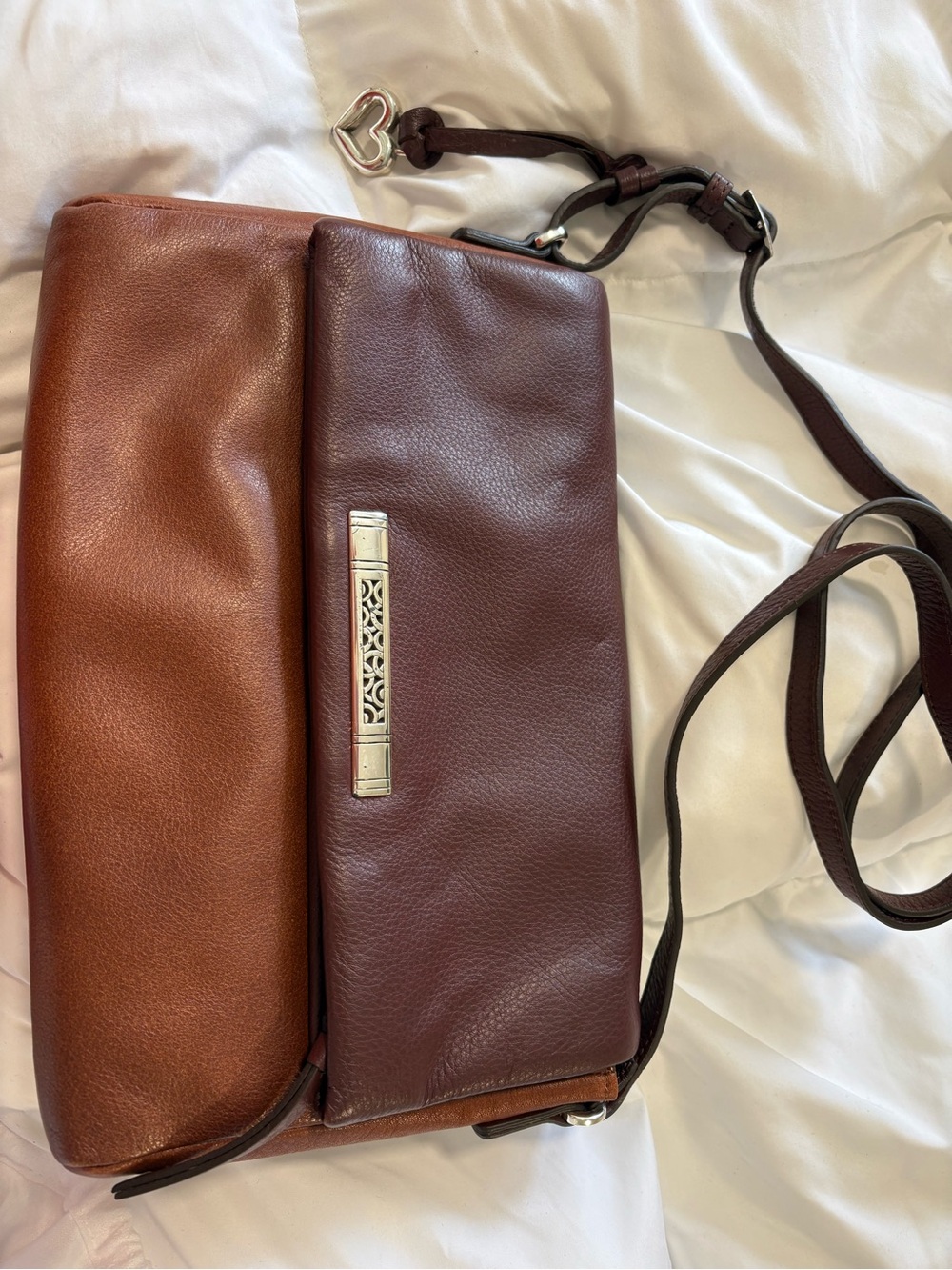 Brighton Two-Tone Brown Leather Crossbody Messenger with Silver Detail